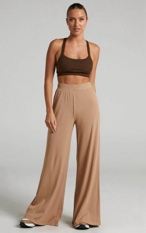 Showpo Amalthea Pants - High Waisted Jersey Rib Wide Leg Pants Camel | ARNLTU056