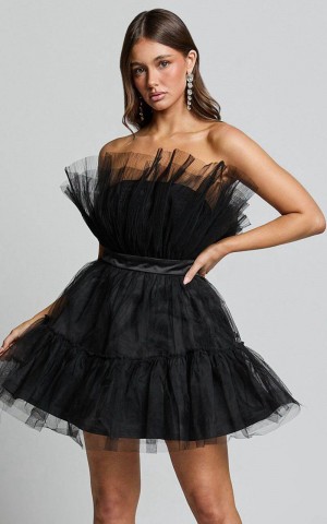 Showpo Amalya Mini Dress - Tiered Tulle Fit And Flare Dress Black | MQNRFC014