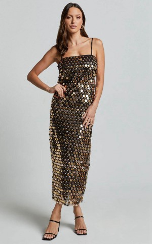 Showpo Amarie Midi Dress - Circle Sequin Dress Gold | ARUJQB904