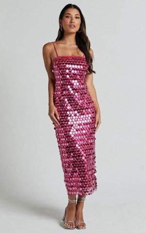 Showpo Amarie Midi Dress - Circle Sequin Dress Pink | NRPFBO625