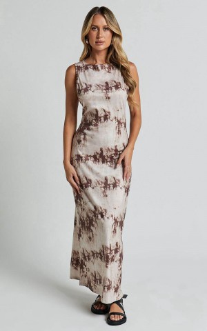 Showpo Amayra Midi Dress - High Neck Bodycon Dress Beige Tie Dye | LSCIJR841