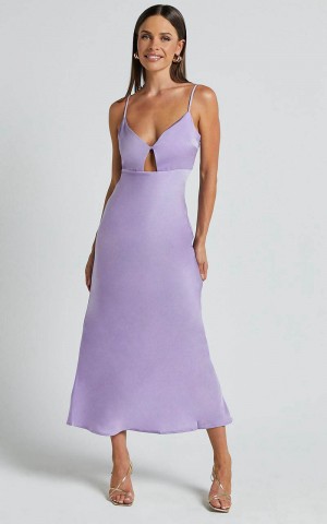 Showpo Amitola Midi Dress - V Neck Cut Out Slip Dress Lilac | USABRT701