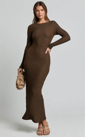 Showpo Amy Midi Dress - Scoop Long Sleeve Bodycon Dress Chocolate | BCRTXJ501