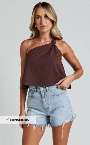 Showpo Analia Top - Linen Look One Shoulder Knot Detail Top Chocolate | DBUCAG607