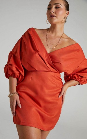 Showpo Anastasija Mini Dress - Off Shoulder V Neck Dress Paprika | SHCUKE687