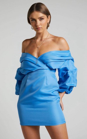 Showpo Anastasija Mini Dress - Off Shoulder V Neck Dress Blue | MIKBDE357