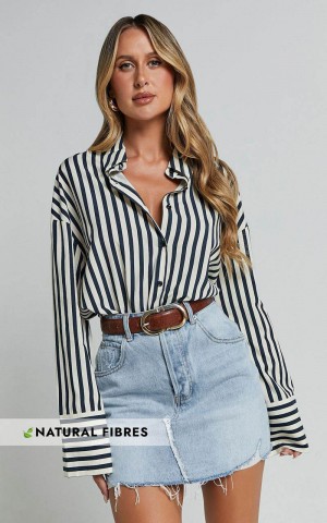 Showpo Anderson Top - Collared Long Sleeve Shirt Navy Stripe | HWRVLN398