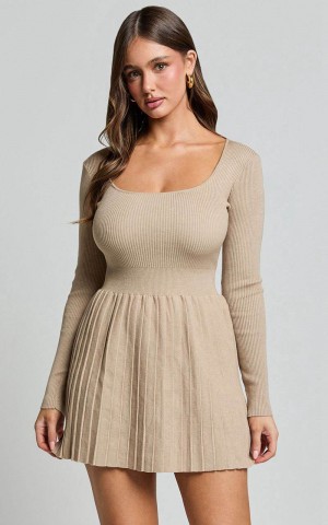 Showpo Andi Mini Dress - Long Sleeve A Line Pleated Knit Mini Dress Beige | BEQKOZ540