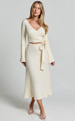 Showpo Andreia Midi Dress - Knitted Wrap Long Sleeve Dress Cream | HABZVG097