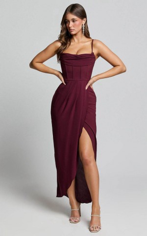 Showpo Andrina Midi Dress - High Low Wrap Corset Dress Wine | XTUKNV291