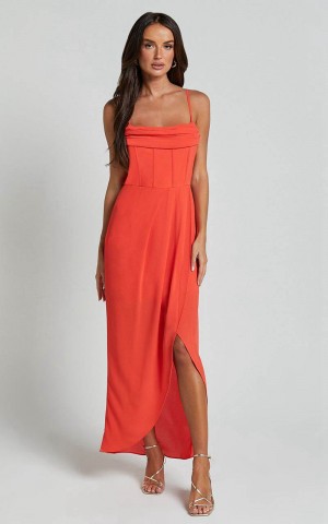 Showpo Andrina Midi Dress - High Low Wrap Corset Dress Orange | XHRKZI149