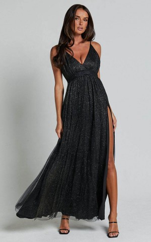 Showpo Angelina Midi Dress - Plunge Neck Glitter Neck Dress Black | ZQNMKH412