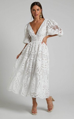 Showpo Anieshaya Midi Dress - V Neck Cut Out Lace Dress White | UYWSJK290