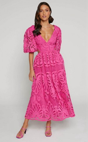 Showpo Anieshaya Midi Dress - V Neck Cut Out Lace Dress Pink | ETNDYC982