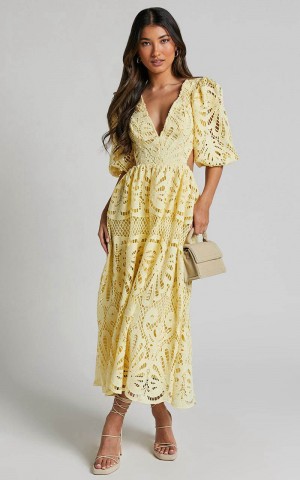 Showpo Anieshaya Midi Dress - V Neck Cut Out Lace Dress Lemon | KUAGZH904