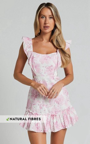 Showpo Anisha Mini Dress - Flutter Sleeve Straight Neck With Tie Back Dress Pink And White Floral Print | NXIDTV891