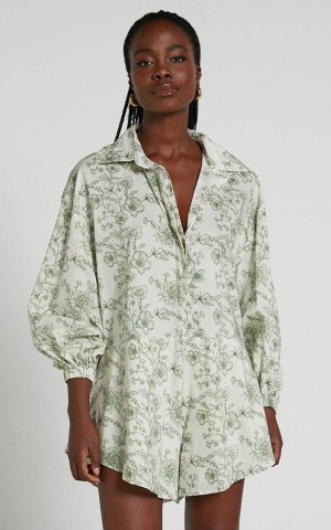 Showpo Anka Playsuit - Relaxed Button Front Shirt Playsuit Green Floral | EUGJHQ703