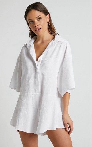 Showpo Ankana Playsuit - Short Sleeve Relaxed Button Front Playsuit White | LYHFDN058