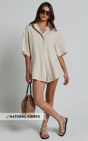 Showpo Ankana Playsuit - Short Sleeve Relaxed Button Front Playsuit Biscuit | UWXJLN846