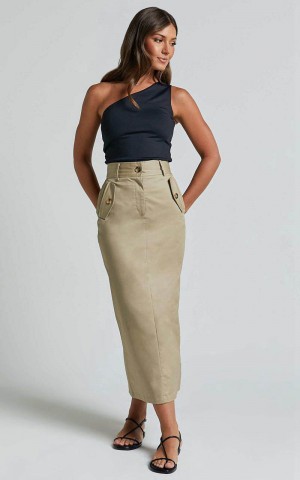 Showpo Anna Midi Skirt - High Waisted Cargo Sand | HCUIFO534