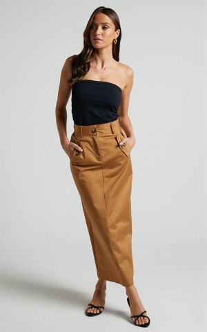 Showpo Anna Midi Skirt - High Waisted Cargo Camel | UPXVTL408