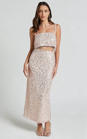 Showpo Anna Two Piece Set - Tassel Crop Top And Midi Skirt Sequin Set Pale Pink | SCFRIP467