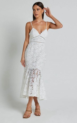 Showpo Aracely Midi Dress - Strappy Sweetheart Lace Mermaid Dress White | JEAHPS914