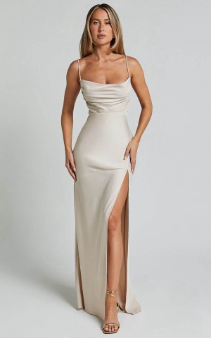 Showpo Ardent Maxi Dress - Cowl Neck Tie Back Satin Dress Champagne | JZLQKE071