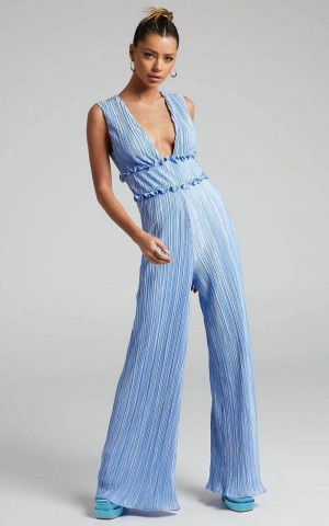 Showpo Armida Jumpsuit - Plunge Neck Wide Leg Plisse Jumpsuit Cornflower Blue | KQPNFI517