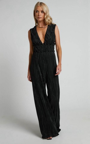 Showpo Armida Jumpsuit - Plunge Neck Wide Leg Plisse Jumpsuit Black | DYRCXS156