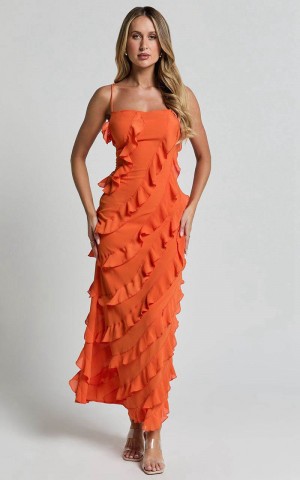 Showpo Arnie Midi Dress - Strapless Ruffle Detail Slip Dress Orange | RUGPAB305