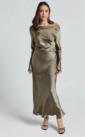 Showpo Arriana Midi Dress - Long Sleeve Cowl Back Satin Dress Dark Olive | JHUKZD304