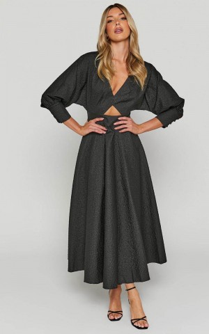 Showpo Ashtina Midi Dress - V Neck Cut Out Puff Sleeve Dress Black | KRNYCH803