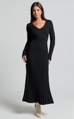 Showpo Astra Midi Dress - V Neck Long Sleeve Knit Dress Black | DCJTMY072