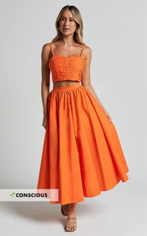 Showpo Astrid Two Piece Set - Ruched Chest Top And Midi Skirt Set Orange | HVFJTC912