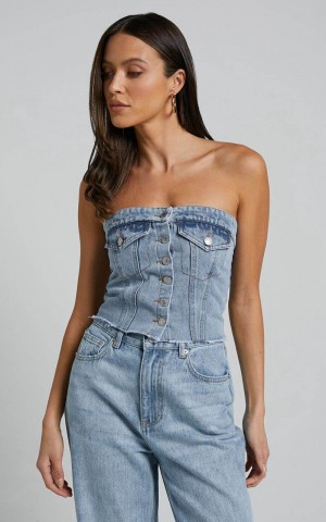 Showpo Aubrielle Bustier - Denim Bustier With Pocket Details Indigo Wash | EZUJFX816