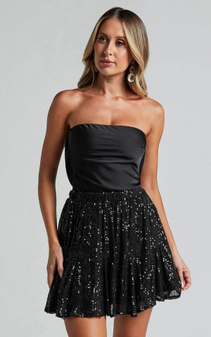 Showpo Aurelie Mini Skirt - Elasticated Sequin Skater Skirt Black | IPNTUQ652