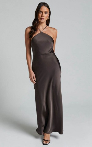 Showpo Aurora Midi Dress - Halter Tie Neck Satin Bias Cut Dress Espresso | XKQLFE980