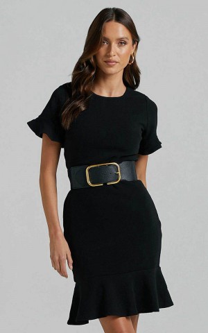 Showpo Authority Mini Dress - Peplum Scoop Neck Short Sleeve Frill Dress Black | BNTVKX093