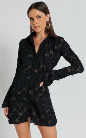 Showpo Ava Mini Dress - Long Sleeve Fitted Clipped Jacquard Dress Black | ECGXAN178