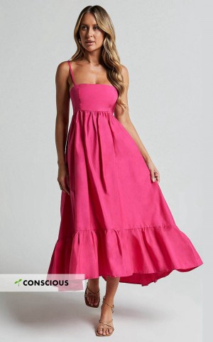 Showpo Aveiro Midi Dress - Straight Neck Shoulder Tie High Low Ruffle Hem Raspberry | UEGRSO328