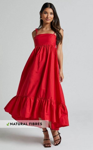 Showpo Aveiro Midi Dress - Straight Neck Shoulder Tie High Low Ruffle Hem Red | ULCOYI892