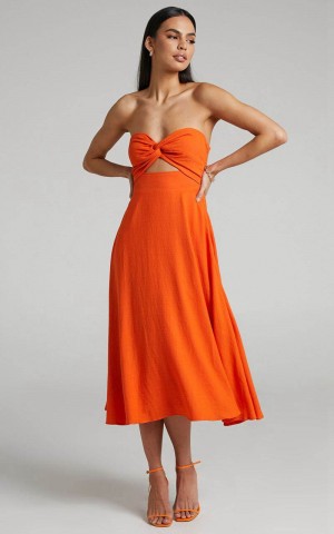 Showpo Avie Midi Dress - Twist Strapless Cocktail Dress Orange | UVPDNZ864