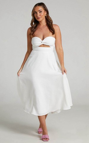 Showpo Avie Midi Dress - Twist Strapless Cocktail Dress Off-White | SGLREN157