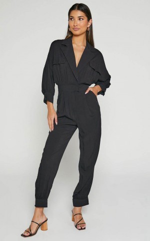 Showpo Ayelin Jumpsuit - Linen Look Relaxed 3/4 Sleeve Jumpsuit Black | IXRUQF806