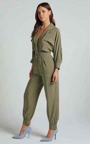 Showpo Ayelin Jumpsuit - Linen Look Relaxed 3/4 Sleeve Jumpsuit Khaki | PGAIUO025