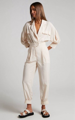 Showpo Ayelin Jumpsuit - Linen Look Relaxed 3/4 Sleeve Jumpsuit Cream | NJTYMW970