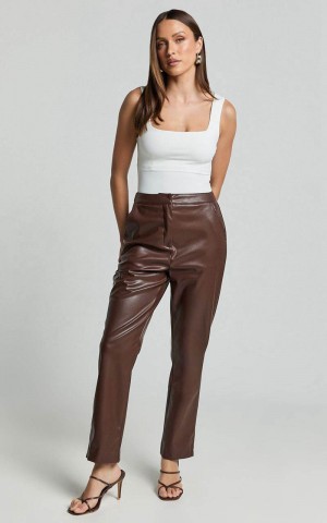 Showpo Azelia Pants - Mid Rise Cropped Faux Leather Pants Dark Chocolate | VLRCEQ275