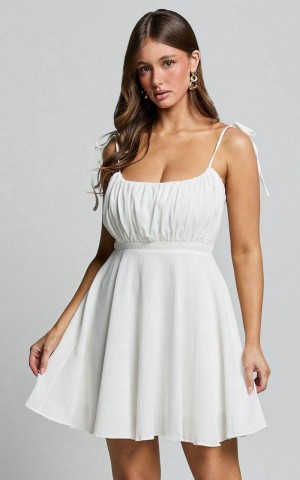 Showpo Aziah Mini Dress - Tie Shoulder Ruched Bodice Dress White | CHGZXD917