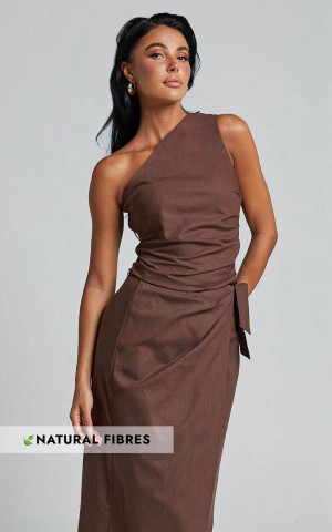 Showpo Bailey Top - Linen Look One Shoulder Pleated Bodice Top Chocolate | SHEZLK749